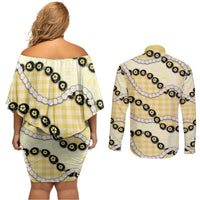 Yellow Palaka Hawaii Couples Matching Off Shoulder Short Dress and Long Sleeve Button Shirt Kukui Nut Pikake Lei Hawaiian Tapa Pattern - Polynesian Pride