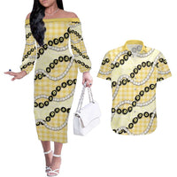 Yellow Palaka Hawaii Couples Matching Off The Shoulder Long Sleeve Dress and Hawaiian Shirt Kukui Nut Pikake Lei Hawaiian Tapa Pattern - Polynesian Pride