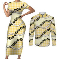 Yellow Palaka Hawaii Couples Matching Short Sleeve Bodycon Dress and Long Sleeve Button Shirt Kukui Nut Pikake Lei Hawaiian Tapa Pattern - Polynesian Pride