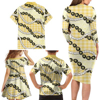 Yellow Palaka Hawaii Family Matching Long Sleeve Bodycon Dress and Hawaiian Shirt Kukui Nut Pikake Lei Hawaiian Tapa Pattern - Polynesian Pride