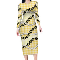 Yellow Palaka Hawaii Family Matching Long Sleeve Bodycon Dress and Hawaiian Shirt Kukui Nut Pikake Lei Hawaiian Tapa Pattern - Polynesian Pride