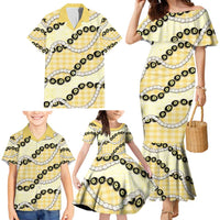Yellow Palaka Hawaii Family Matching Mermaid Dress and Hawaiian Shirt Kukui Nut Pikake Lei Hawaiian Tapa Pattern - Polynesian Pride