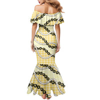 Yellow Palaka Hawaii Family Matching Mermaid Dress and Hawaiian Shirt Kukui Nut Pikake Lei Hawaiian Tapa Pattern - Polynesian Pride