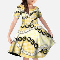 Yellow Palaka Hawaii Family Matching Off The Shoulder Long Sleeve Dress and Hawaiian Shirt Kukui Nut Pikake Lei Hawaiian Tapa Pattern - Polynesian Pride