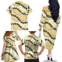 Yellow Palaka Hawaii Family Matching Off The Shoulder Long Sleeve Dress and Hawaiian Shirt Kukui Nut Pikake Lei Hawaiian Tapa Pattern - Polynesian Pride