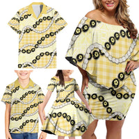Yellow Palaka Hawaii Family Matching Off Shoulder Short Dress and Hawaiian Shirt Kukui Nut Pikake Lei Hawaiian Tapa Pattern - Polynesian Pride