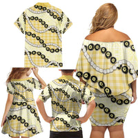 Yellow Palaka Hawaii Family Matching Off Shoulder Short Dress and Hawaiian Shirt Kukui Nut Pikake Lei Hawaiian Tapa Pattern - Polynesian Pride