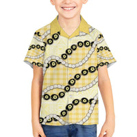 Yellow Palaka Hawaii Family Matching Off Shoulder Short Dress and Hawaiian Shirt Kukui Nut Pikake Lei Hawaiian Tapa Pattern - Polynesian Pride