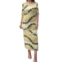 Yellow Palaka Hawaii Family Matching Puletasi and Hawaiian Shirt Kukui Nut Pikake Lei Hawaiian Tapa Pattern - Polynesian Pride