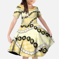 Yellow Palaka Hawaii Family Matching Short Sleeve Bodycon Dress and Hawaiian Shirt Kukui Nut Pikake Lei Hawaiian Tapa Pattern - Polynesian Pride
