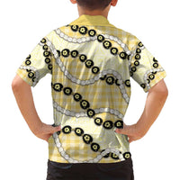 Yellow Palaka Hawaii Family Matching Summer Maxi Dress and Hawaiian Shirt Kukui Nut Pikake Lei Hawaiian Tapa Pattern - Polynesian Pride
