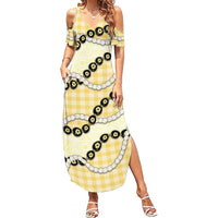 Yellow Palaka Hawaii Family Matching Summer Maxi Dress and Hawaiian Shirt Kukui Nut Pikake Lei Hawaiian Tapa Pattern - Polynesian Pride