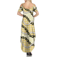 Yellow Palaka Hawaii Family Matching Summer Maxi Dress and Hawaiian Shirt Kukui Nut Pikake Lei Hawaiian Tapa Pattern - Polynesian Pride
