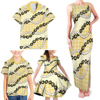 Yellow Palaka Hawaii Family Matching Tank Maxi Dress and Hawaiian Shirt Kukui Nut Pikake Lei Hawaiian Tapa Pattern - Polynesian Pride