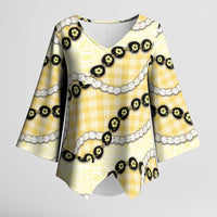 Yellow Palaka Hawaii Kimono Sleeve Blouse Kukui Nut Pikake Lei Hawaiian Tapa Pattern LT14 Female Yellow - Polynesian Pride
