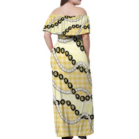 Yellow Palaka Hawaii Off Shoulder Maxi Dress Kukui Nut Pikake Lei Hawaiian Tapa Pattern - Polynesian Pride