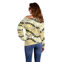 Yellow Palaka Hawaii Off Shoulder Sweater Kukui Nut Pikake Lei Hawaiian Tapa Pattern - Polynesian Pride