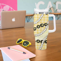 Yellow Palaka Hawaii Tumbler With Handle Kukui Nut Pikake Lei Hawaiian Tapa Pattern LT14 - Polynesian Pride