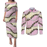 Pink Palaka Hawaii Couples Matching Puletasi and Long Sleeve Button Shirt Kukui Nut Pikake Lei Hawaiian Tapa Pattern - Polynesian Pride