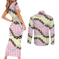 Pink Palaka Hawaii Couples Matching Short Sleeve Bodycon Dress and Long Sleeve Button Shirt Kukui Nut Pikake Lei Hawaiian Tapa Pattern - Polynesian Pride