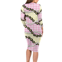 Pink Palaka Hawaii Family Matching Long Sleeve Bodycon Dress and Hawaiian Shirt Kukui Nut Pikake Lei Hawaiian Tapa Pattern - Polynesian Pride