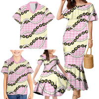 Pink Palaka Hawaii Family Matching Mermaid Dress and Hawaiian Shirt Kukui Nut Pikake Lei Hawaiian Tapa Pattern - Polynesian Pride