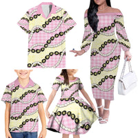 Pink Palaka Hawaii Family Matching Off The Shoulder Long Sleeve Dress and Hawaiian Shirt Kukui Nut Pikake Lei Hawaiian Tapa Pattern - Polynesian Pride