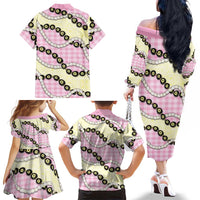 Pink Palaka Hawaii Family Matching Off The Shoulder Long Sleeve Dress and Hawaiian Shirt Kukui Nut Pikake Lei Hawaiian Tapa Pattern - Polynesian Pride