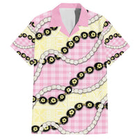 Pink Palaka Hawaii Family Matching Off Shoulder Short Dress and Hawaiian Shirt Kukui Nut Pikake Lei Hawaiian Tapa Pattern - Polynesian Pride