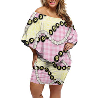 Pink Palaka Hawaii Family Matching Off Shoulder Short Dress and Hawaiian Shirt Kukui Nut Pikake Lei Hawaiian Tapa Pattern - Polynesian Pride