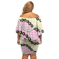 Pink Palaka Hawaii Family Matching Off Shoulder Short Dress and Hawaiian Shirt Kukui Nut Pikake Lei Hawaiian Tapa Pattern - Polynesian Pride