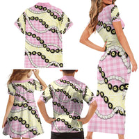 Pink Palaka Hawaii Family Matching Short Sleeve Bodycon Dress and Hawaiian Shirt Kukui Nut Pikake Lei Hawaiian Tapa Pattern - Polynesian Pride