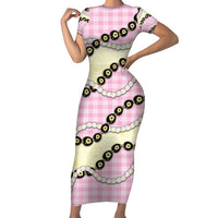 Pink Palaka Hawaii Family Matching Short Sleeve Bodycon Dress and Hawaiian Shirt Kukui Nut Pikake Lei Hawaiian Tapa Pattern - Polynesian Pride
