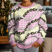 Pink Palaka Hawaii Kid Ugly Christmas Sweater Kukui Nut Pikake Lei Hawaiian Tapa Pattern - Polynesian Pride