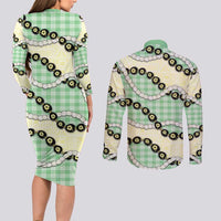 Green Palaka Hawaii Couples Matching Long Sleeve Bodycon Dress and Long Sleeve Button Shirt Kukui Nut Pikake Lei Hawaiian Tapa Pattern - Polynesian Pride