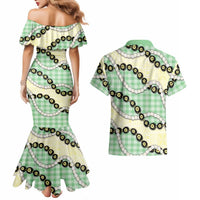 Green Palaka Hawaii Couples Matching Mermaid Dress and Hawaiian Shirt Kukui Nut Pikake Lei Hawaiian Tapa Pattern - Polynesian Pride