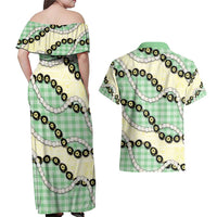 Green Palaka Hawaii Couples Matching Off Shoulder Maxi Dress and Hawaiian Shirt Kukui Nut Pikake Lei Hawaiian Tapa Pattern - Polynesian Pride