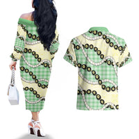 Green Palaka Hawaii Couples Matching Off The Shoulder Long Sleeve Dress and Hawaiian Shirt Kukui Nut Pikake Lei Hawaiian Tapa Pattern - Polynesian Pride