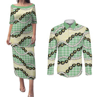 Green Palaka Hawaii Couples Matching Puletasi and Long Sleeve Button Shirt Kukui Nut Pikake Lei Hawaiian Tapa Pattern - Polynesian Pride