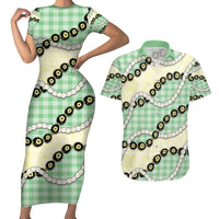 Green Palaka Hawaii Couples Matching Short Sleeve Bodycon Dress and Hawaiian Shirt Kukui Nut Pikake Lei Hawaiian Tapa Pattern - Polynesian Pride