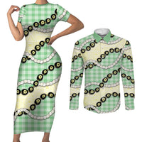Green Palaka Hawaii Couples Matching Short Sleeve Bodycon Dress and Long Sleeve Button Shirt Kukui Nut Pikake Lei Hawaiian Tapa Pattern - Polynesian Pride