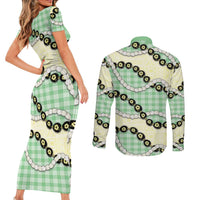 Green Palaka Hawaii Couples Matching Short Sleeve Bodycon Dress and Long Sleeve Button Shirt Kukui Nut Pikake Lei Hawaiian Tapa Pattern - Polynesian Pride