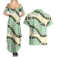 Green Palaka Hawaii Couples Matching Summer Maxi Dress and Hawaiian Shirt Kukui Nut Pikake Lei Hawaiian Tapa Pattern - Polynesian Pride