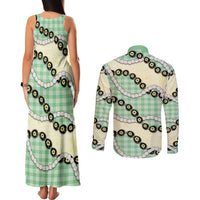 Green Palaka Hawaii Couples Matching Tank Maxi Dress and Long Sleeve Button Shirt Kukui Nut Pikake Lei Hawaiian Tapa Pattern - Polynesian Pride