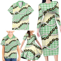 Green Palaka Hawaii Family Matching Long Sleeve Bodycon Dress and Hawaiian Shirt Kukui Nut Pikake Lei Hawaiian Tapa Pattern - Polynesian Pride