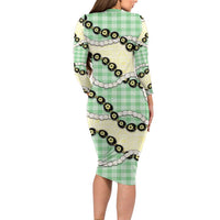 Green Palaka Hawaii Family Matching Long Sleeve Bodycon Dress and Hawaiian Shirt Kukui Nut Pikake Lei Hawaiian Tapa Pattern - Polynesian Pride