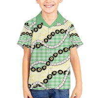 Green Palaka Hawaii Family Matching Off The Shoulder Long Sleeve Dress and Hawaiian Shirt Kukui Nut Pikake Lei Hawaiian Tapa Pattern - Polynesian Pride