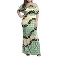 Green Palaka Hawaii Family Matching Off Shoulder Maxi Dress and Hawaiian Shirt Kukui Nut Pikake Lei Hawaiian Tapa Pattern - Polynesian Pride