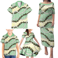 Green Palaka Hawaii Family Matching Puletasi and Hawaiian Shirt Kukui Nut Pikake Lei Hawaiian Tapa Pattern - Polynesian Pride