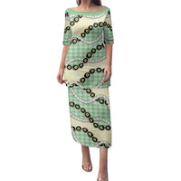 Green Palaka Hawaii Family Matching Puletasi and Hawaiian Shirt Kukui Nut Pikake Lei Hawaiian Tapa Pattern - Polynesian Pride